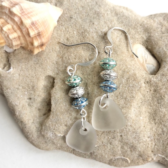 Artisan Jewelry - White Sea Glass And Colorful Beaded Earrings